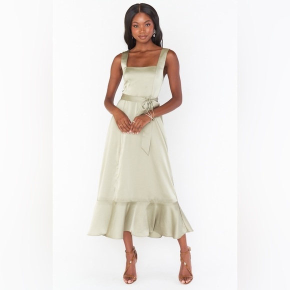 SHOW ME YOUR MUMU Claire Midi Dress In Moss Green Luxe Satin - Picture 5 of 8